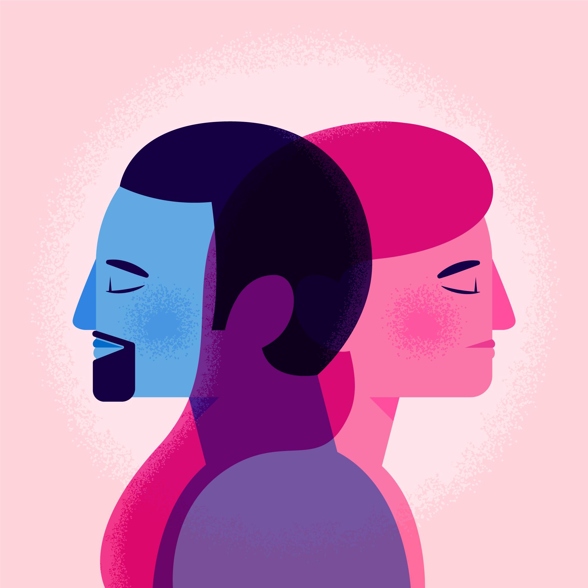 Illustratie van twee personen in roze en blauw
