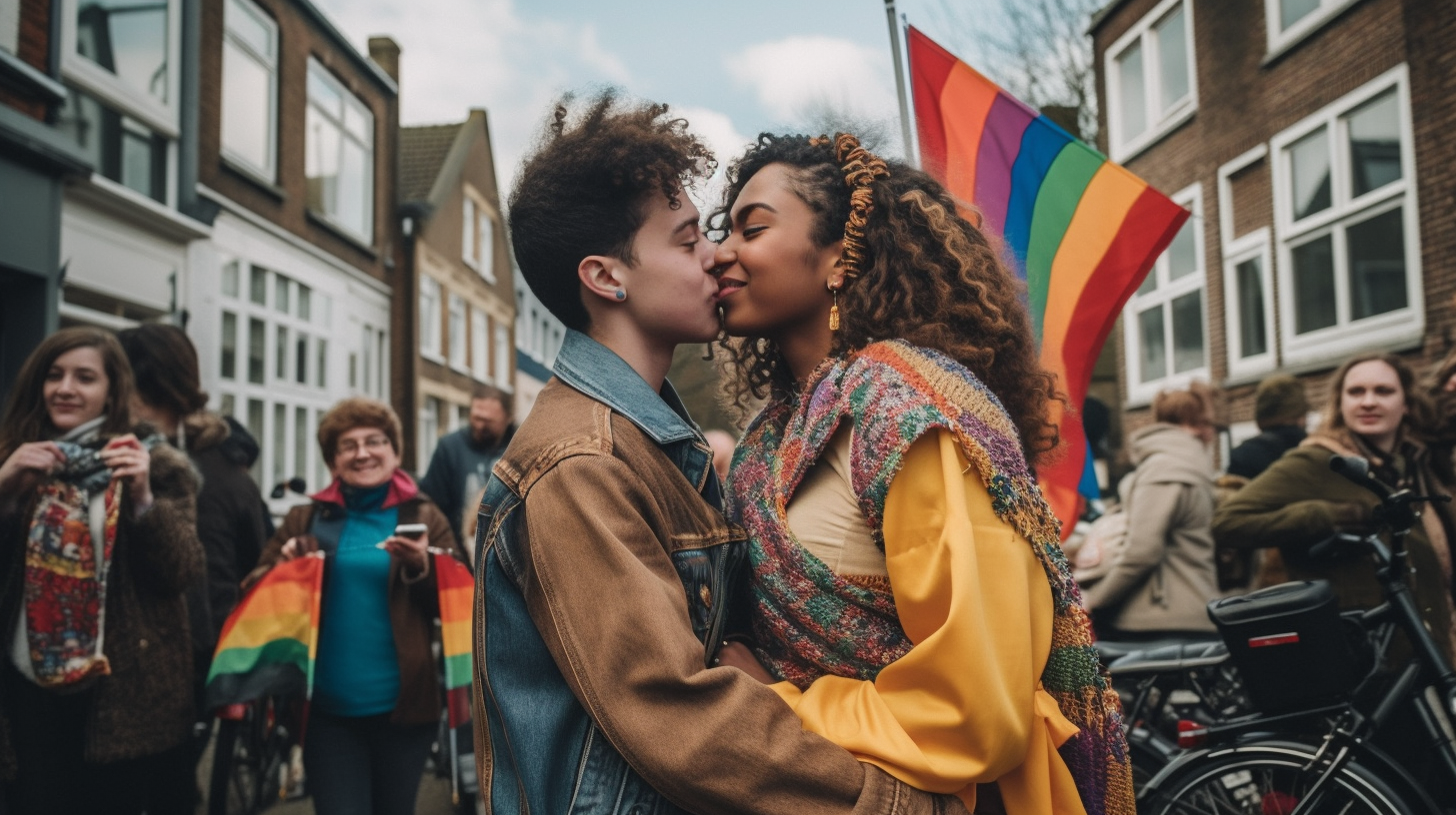 Foto van drukke straat met twee kussende vrouwen en een regenboogvlag op de achtergrond