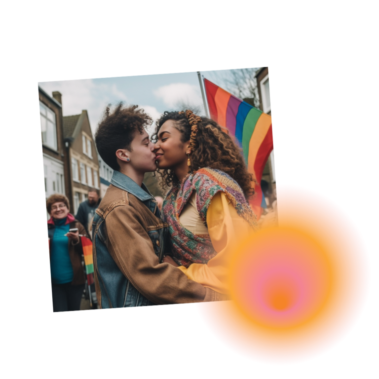 Foto van drukke straat met twee kussende vrouwen en een regenboogvlag op de achtergrond